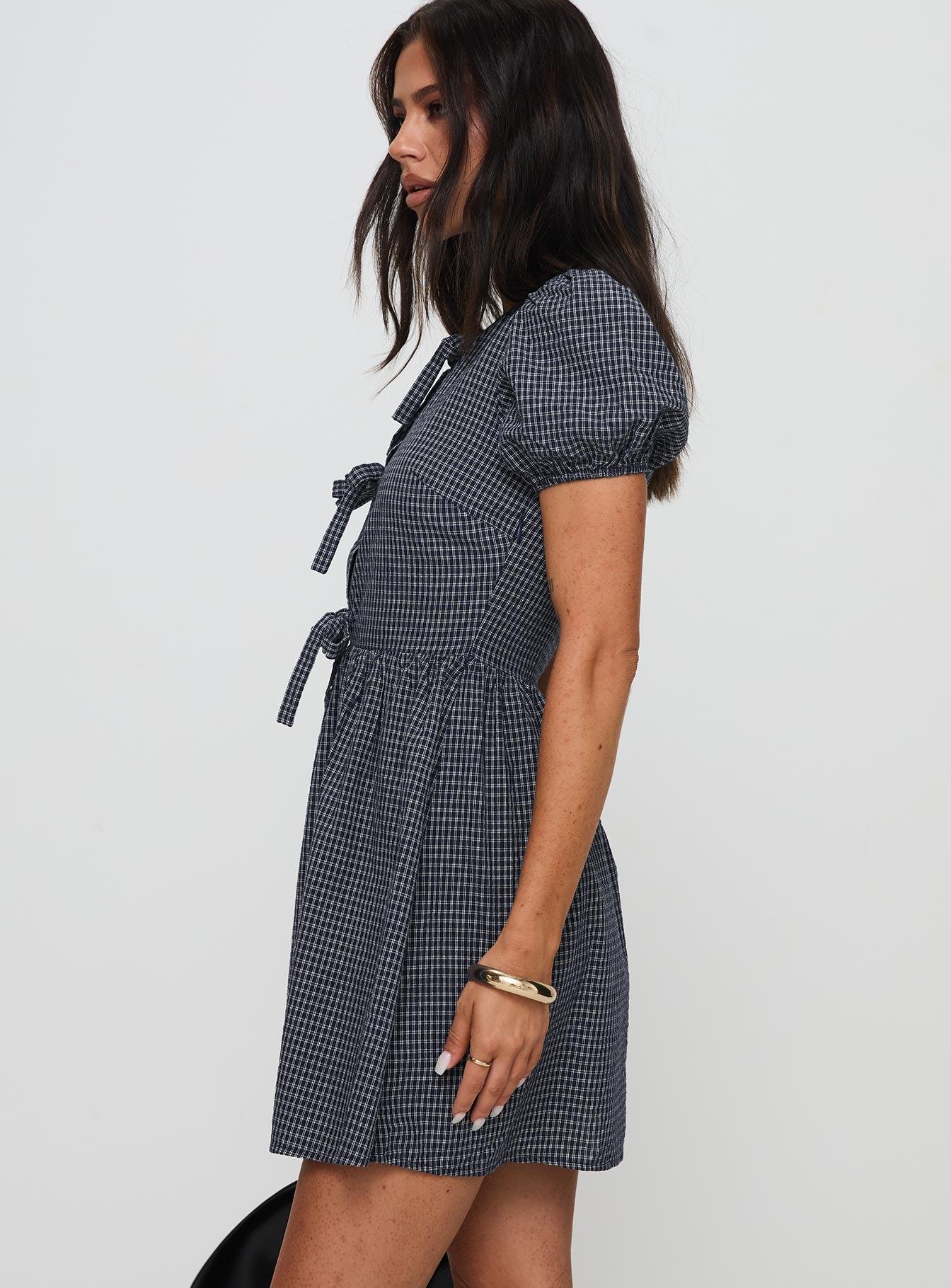 Nurture Bow Mini Dress Navy Check Product Image