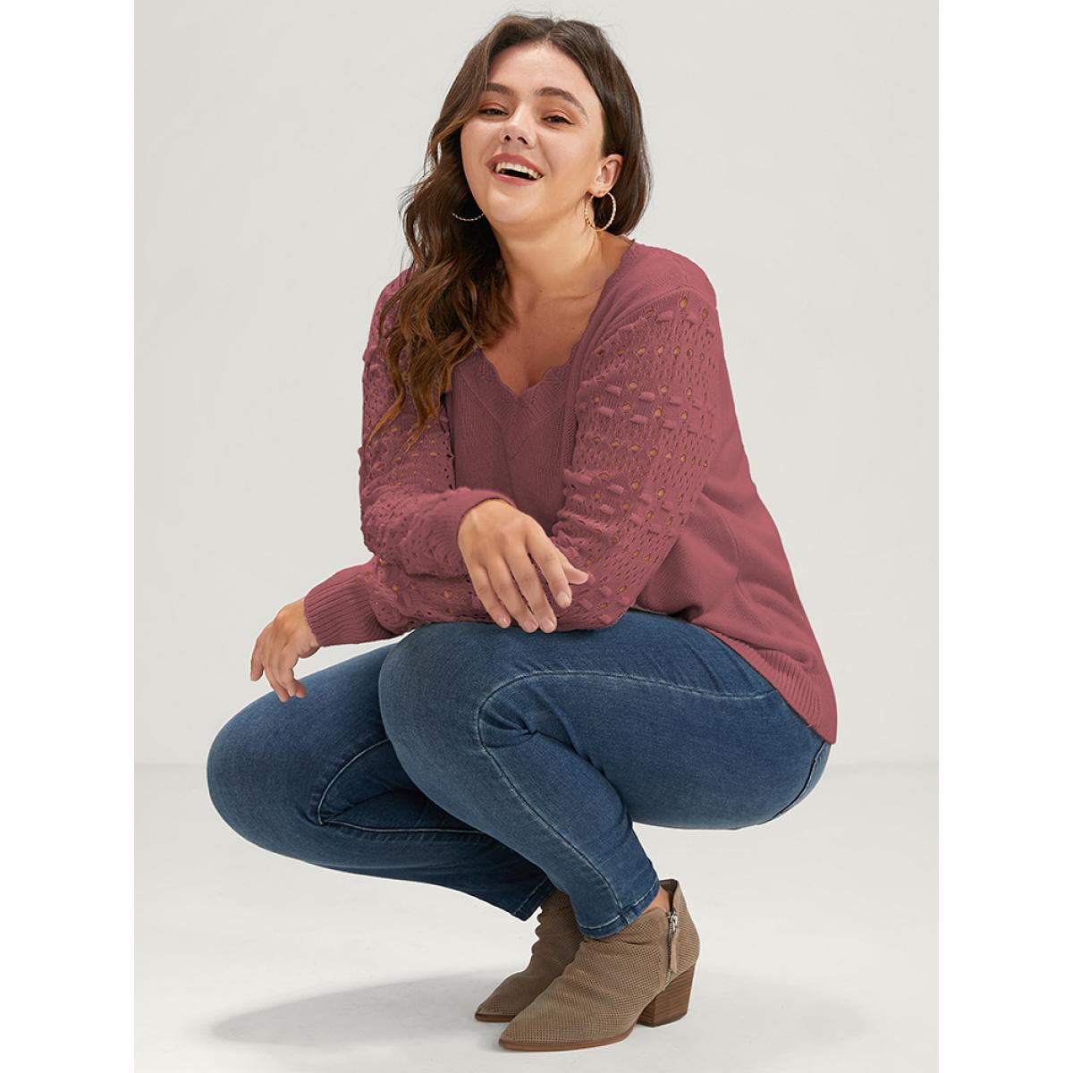 Plus Size Solid Pointelle Knit Scalloped Trim V Neck Crochet Knit Top Russet Women Elegant Long Sleeve V-neck Dailywear Pullovers BloomChic 18-20/2X Product Image