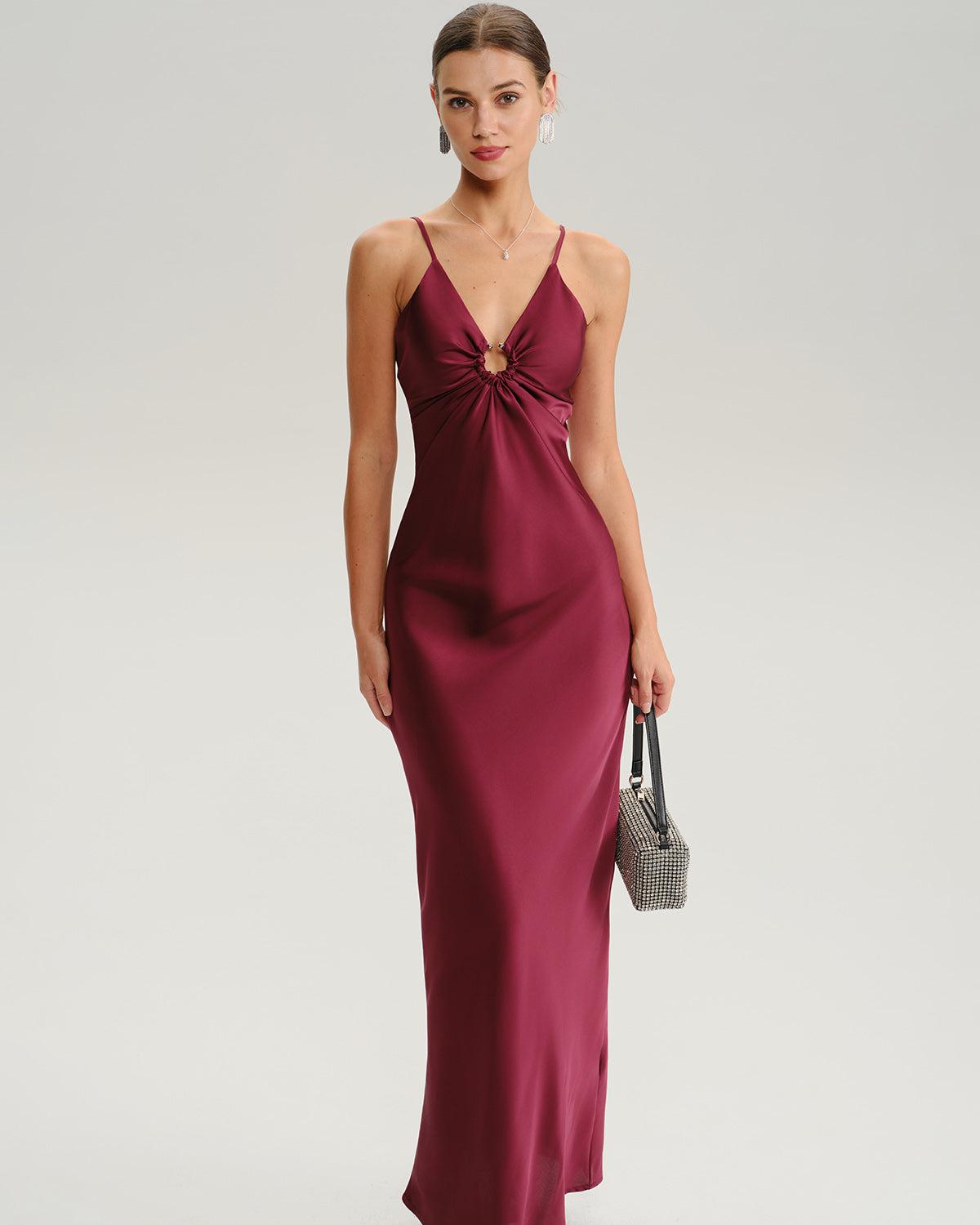 Wine Red Ruched V Neck Slip Maxi Dress Product Image