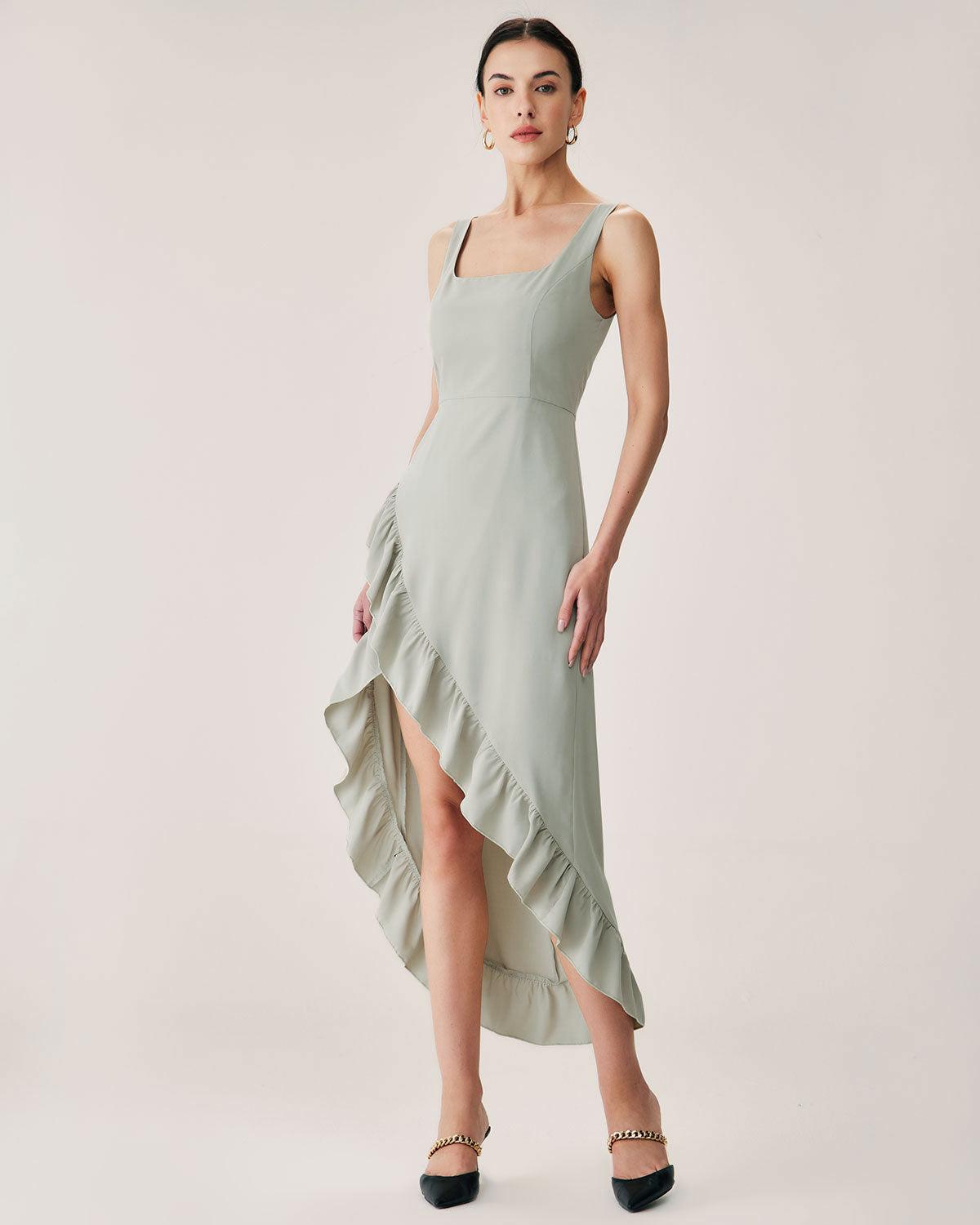 Green Ruffle Slit Slip Maxi Dress Product Image