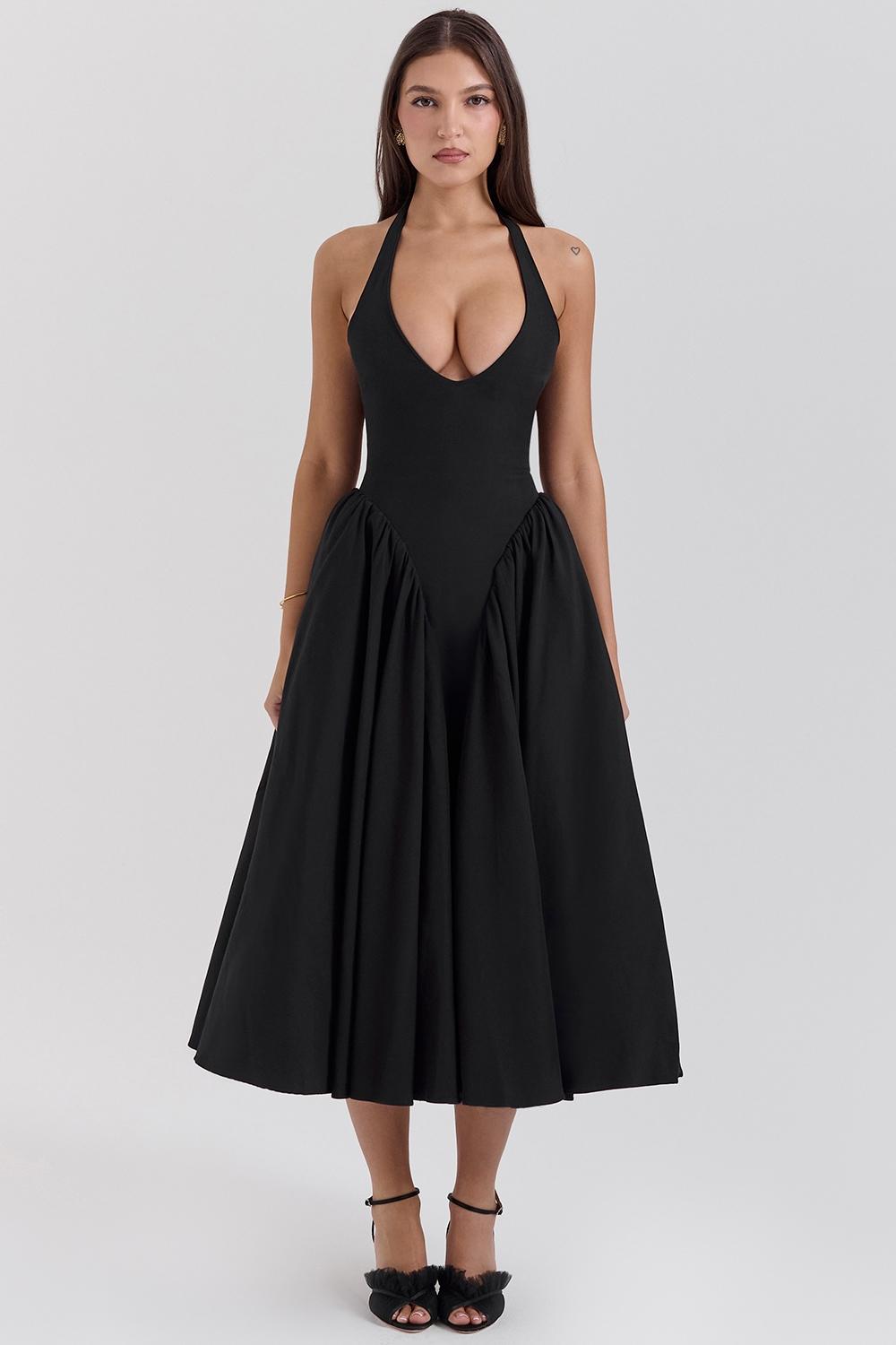 Marilyn  black twill halter midi dress Product Image