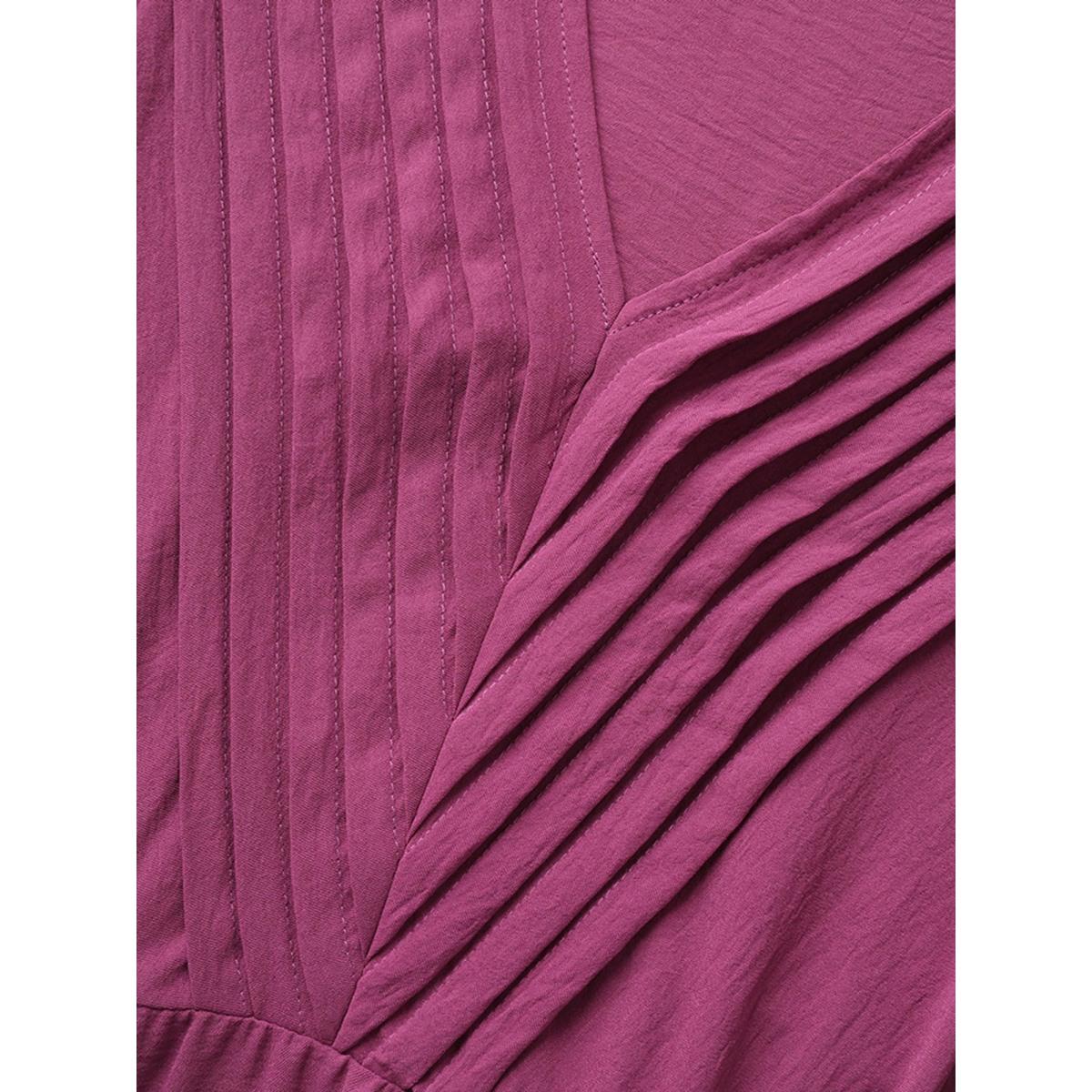 Plus Size Solid Ruffle Trim V Neck Pocket Pleated Front Dress RedViolet Women Elegant Pleated V-neck Cap Sleeve Curvy Midi Dress BloomChic 30/6X Product Image