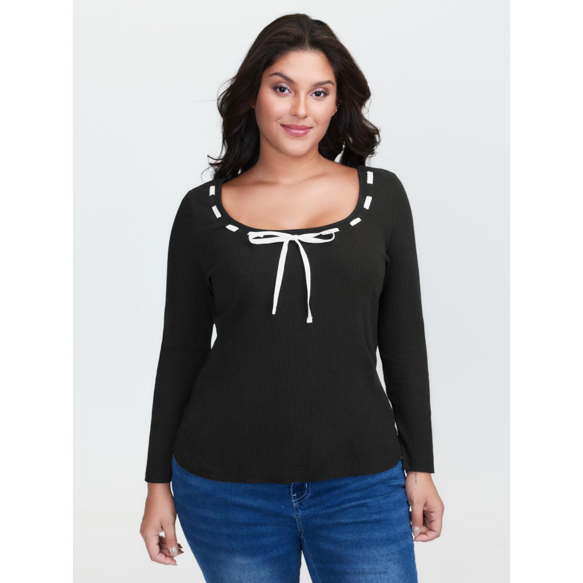 Plus Size Supersoft Bow Tie Detail Ribbed Knit Top Black Women Leisure Tie knot U-neck Bodycon Casual T-shirts BloomChic 30/6X Product Image