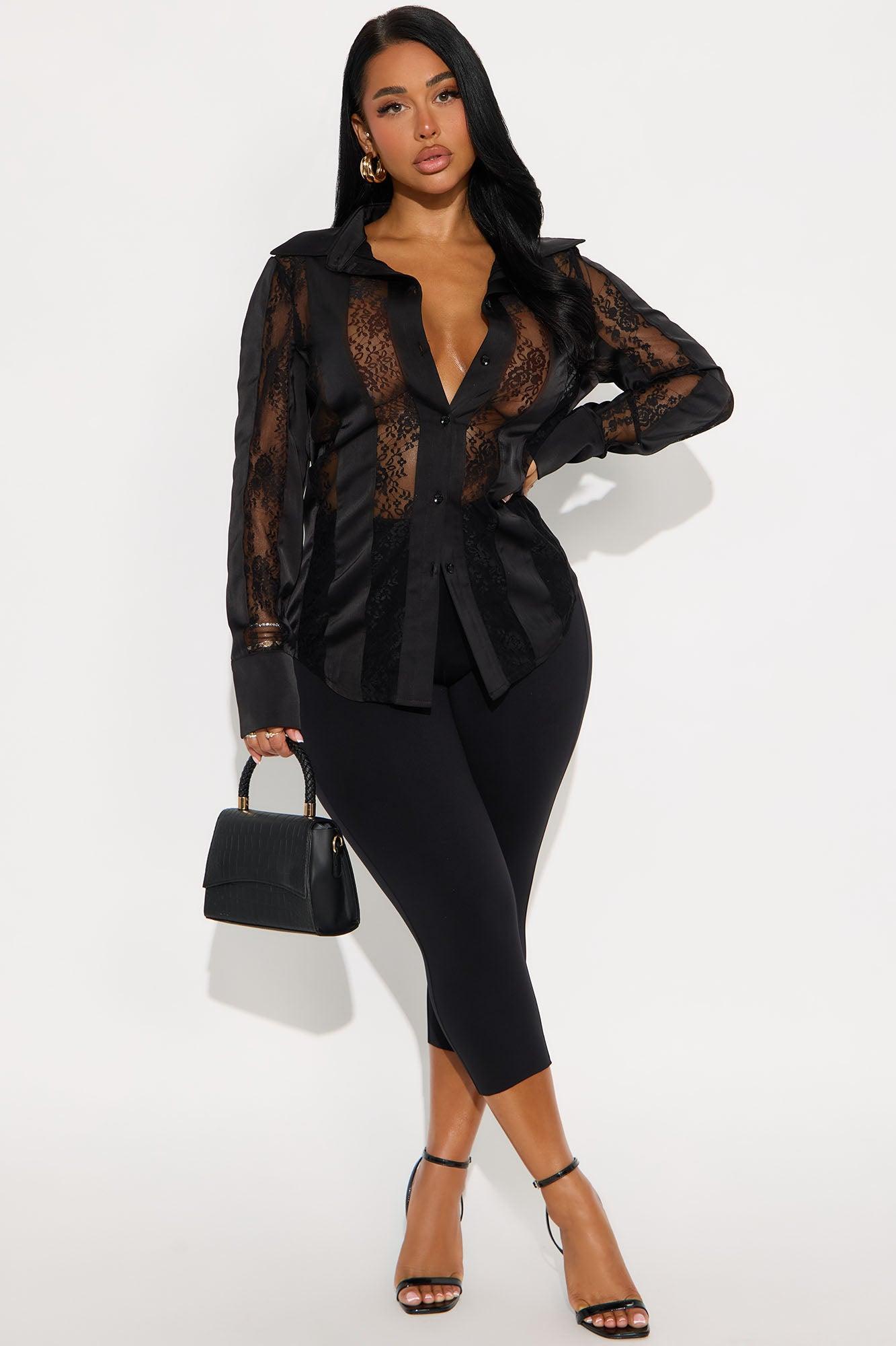 Lace Whispers Satin Shirt - Black Female Product Image