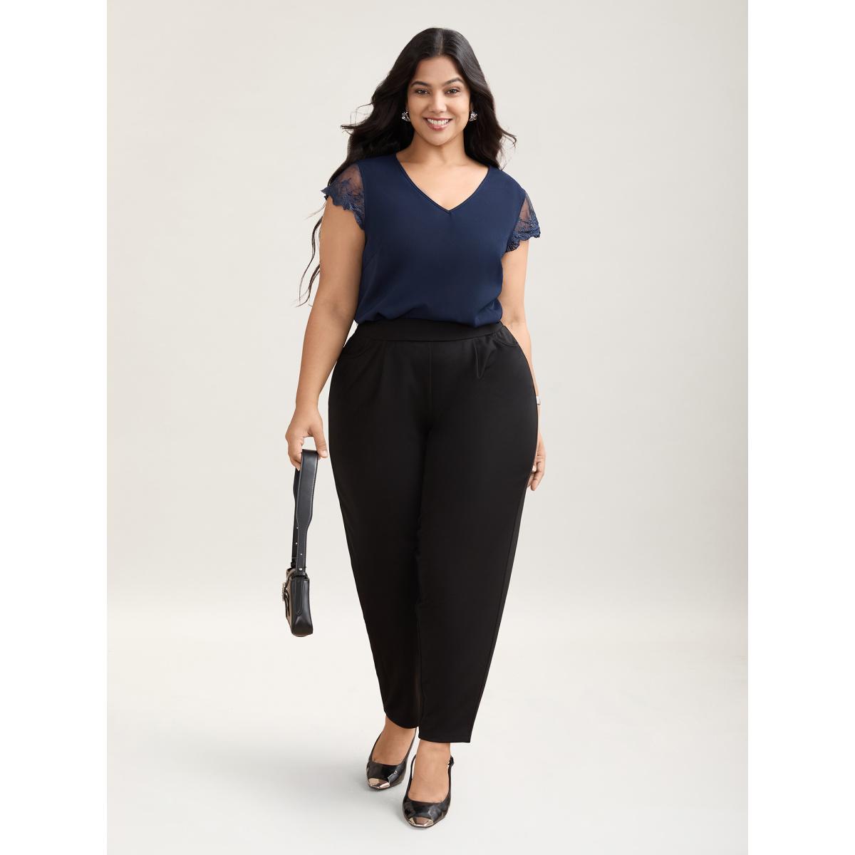 Plus Size Indigo Back Lace Sheer Sleeve Solid Shirt Women Elegant Cap Sleeve V-neck Everyday Blouses BloomChic 18-20/2X Product Image