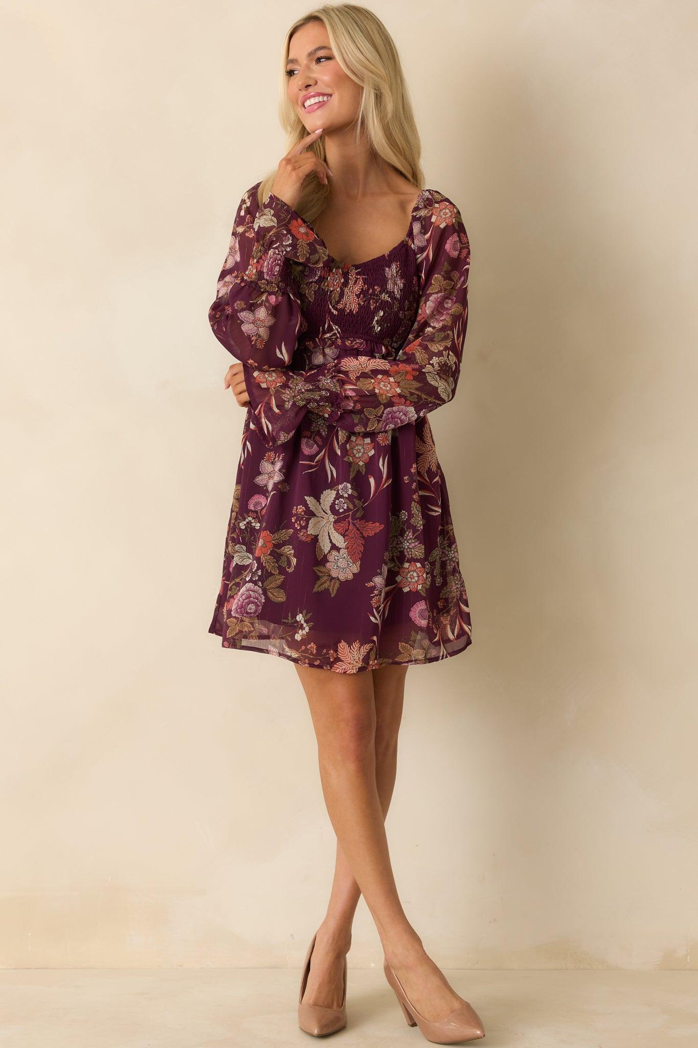 Flutter Away Berry Purple Multi Floral Print Mini Dress L / Purple Product Image