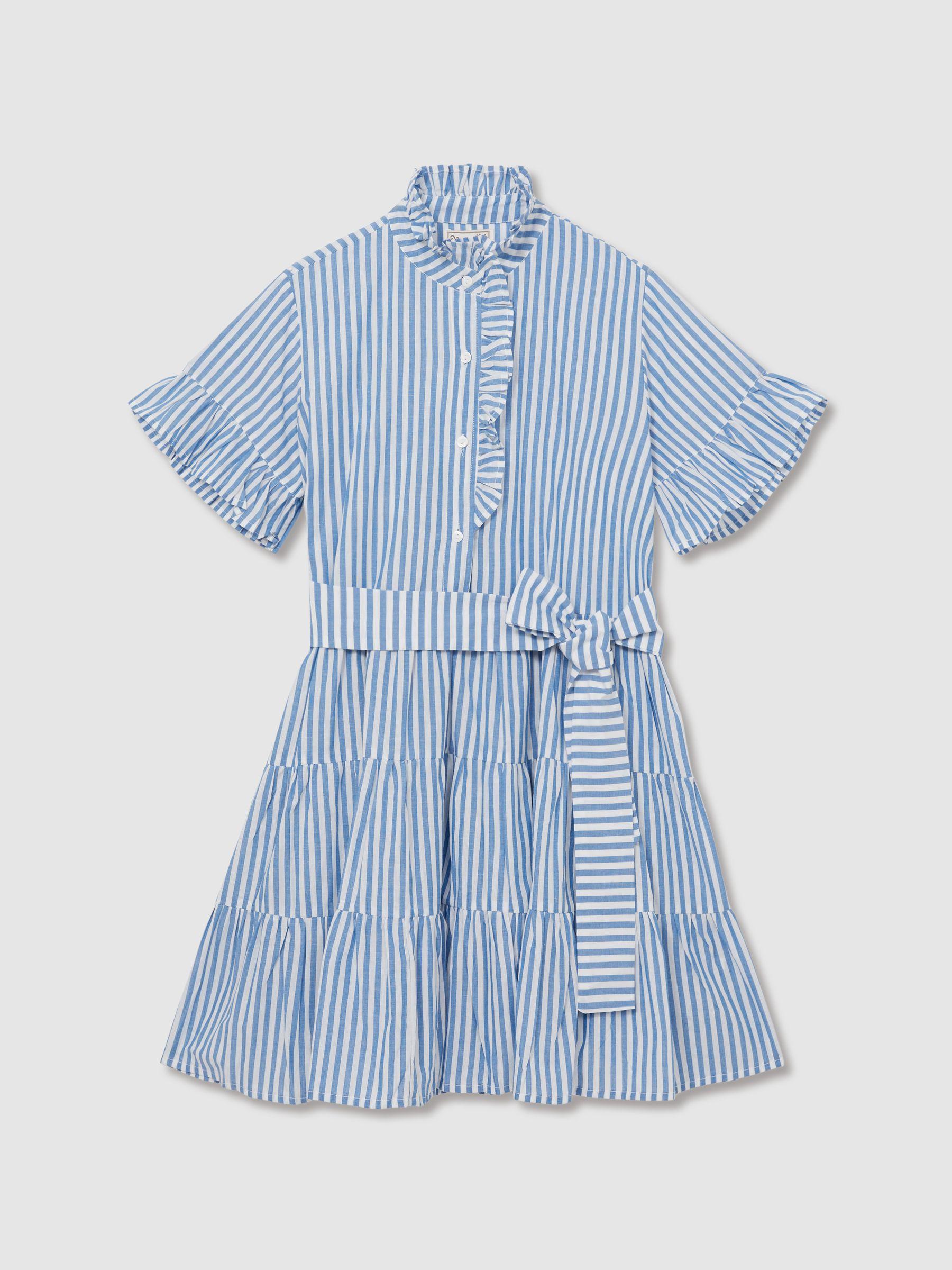 Mille 100% Cotton Striped Tiered Mini Dress in Blue Stripe Product Image