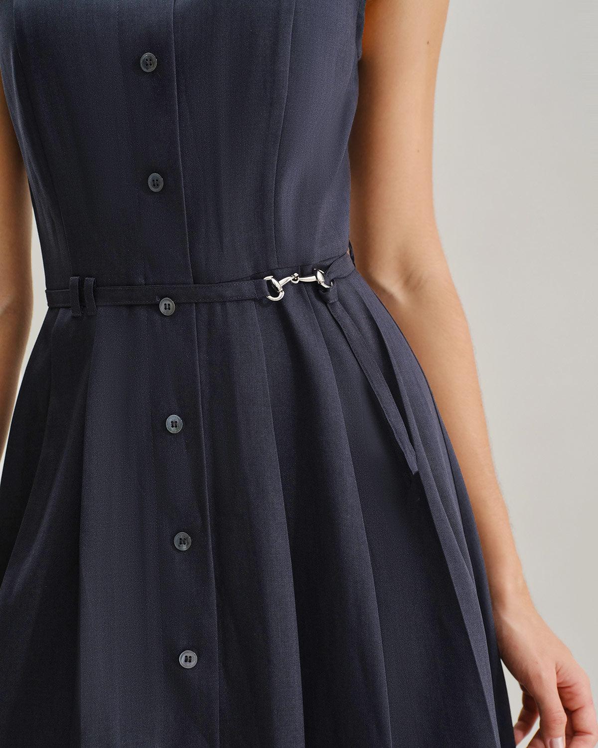 Navy Mock Neck High Waist Midi Dress Product Image