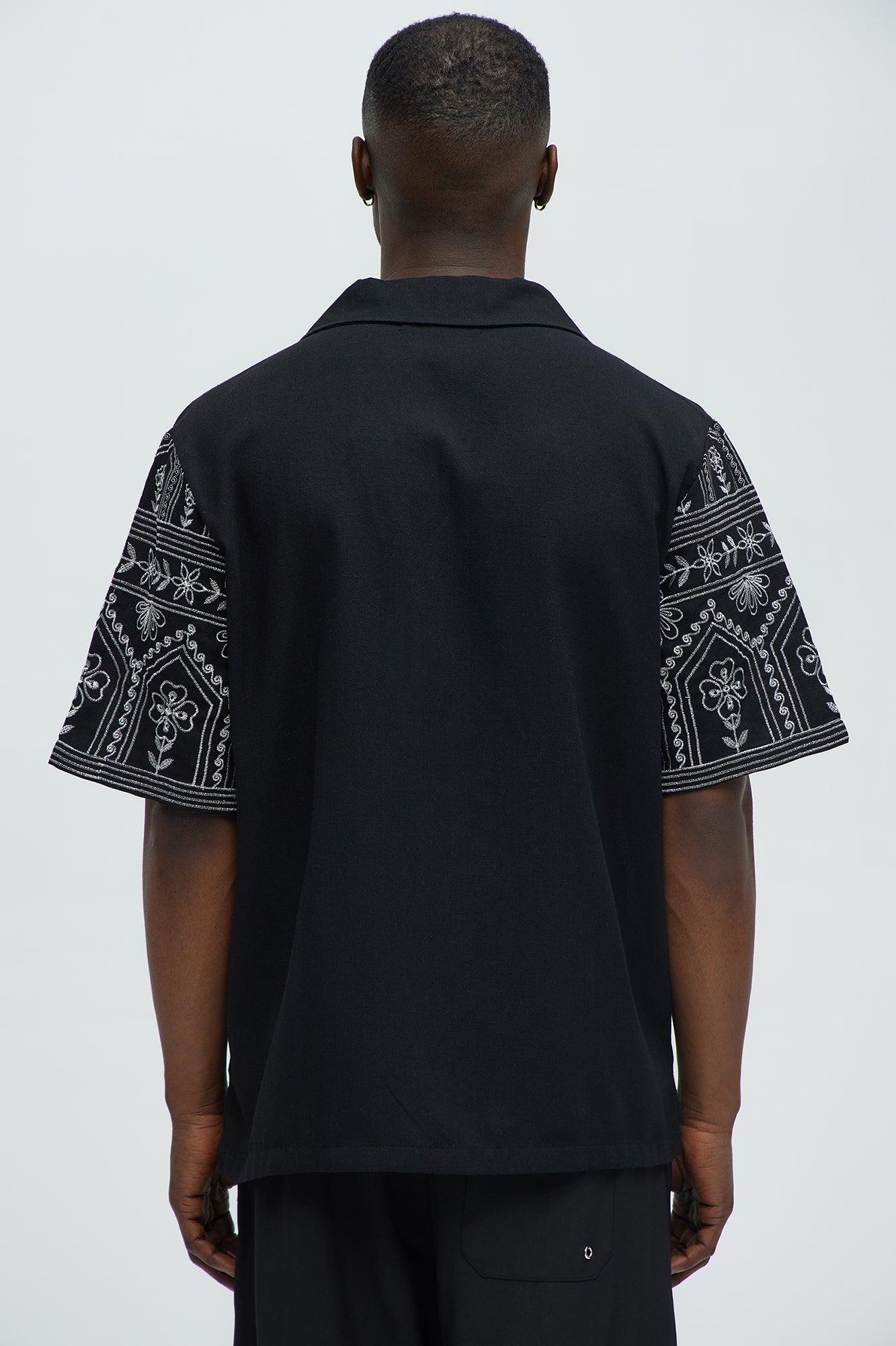 Embroidered Floral Cuban Collar Button Up Shirt - Black/combo Male Product Image