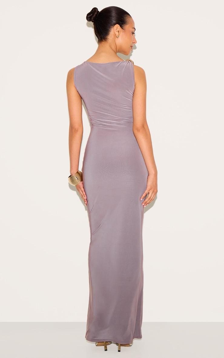 Petite Taupe Asymmetric Shoulder Gold Detail Maxi Dress Product Image