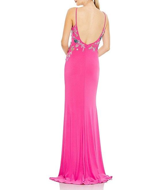 Mac Duggal V-Neck Floral Beaded Jersey Column Gown Product Image