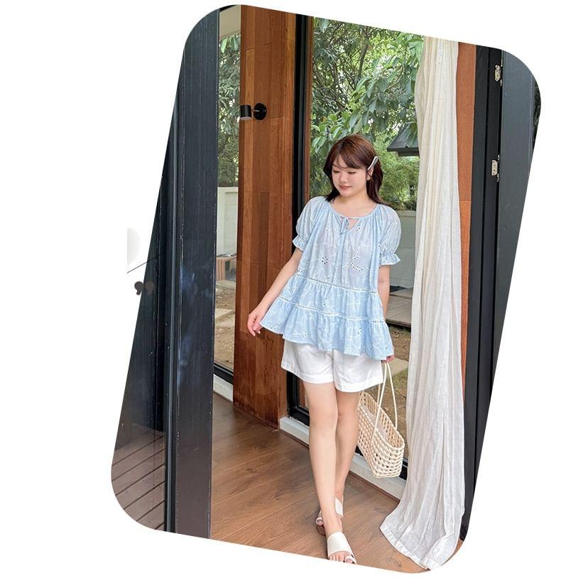 Plus Size Puff-Sleeve Notch Neck Embroidered Perforated Tie Front Blouse Product Image