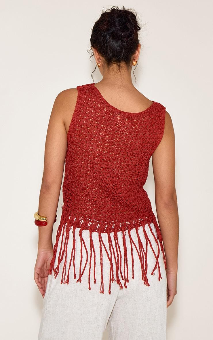 Rust Crochet Boat Neck Fringe Top Product Image