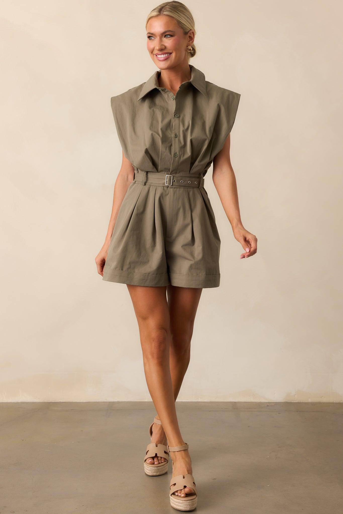 Time To Adventure Olive Green Cotton Button Front Romper Product Image
