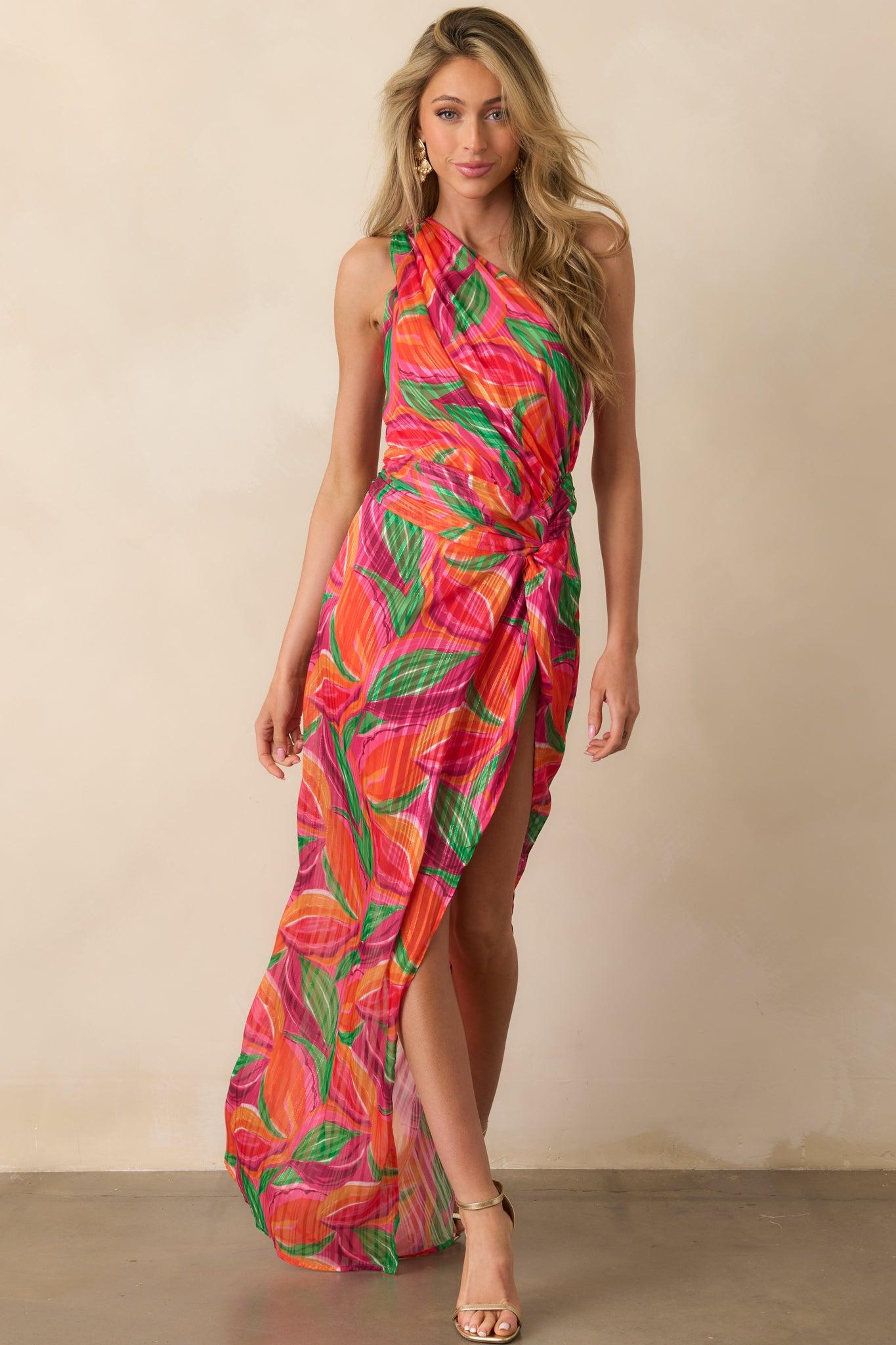 Shining Brighter Orange Multi Floral Print One Shoulder Maxi Dress Product Image