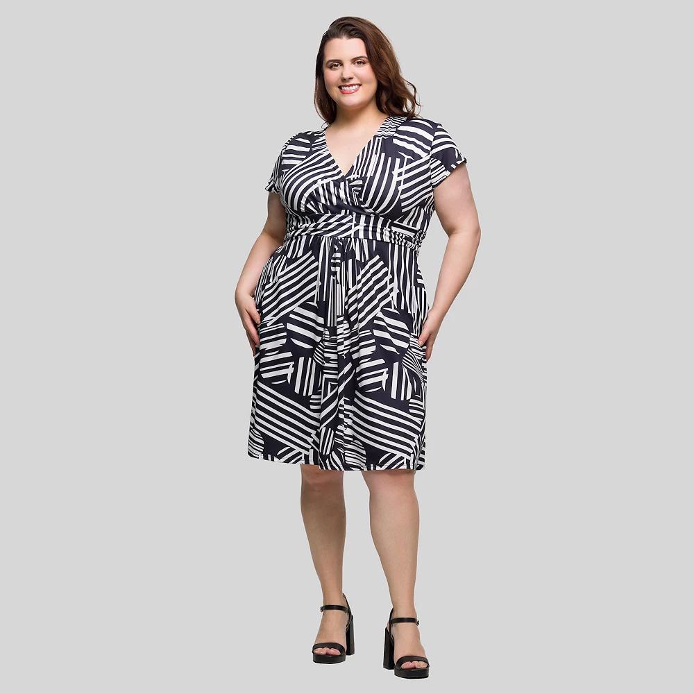 Plus Size 24Seven Comfort Apparel Cap Sleeve Abstract Knee Length Pocket Dress, Women's, Size: 3XL, Black Team Product Image