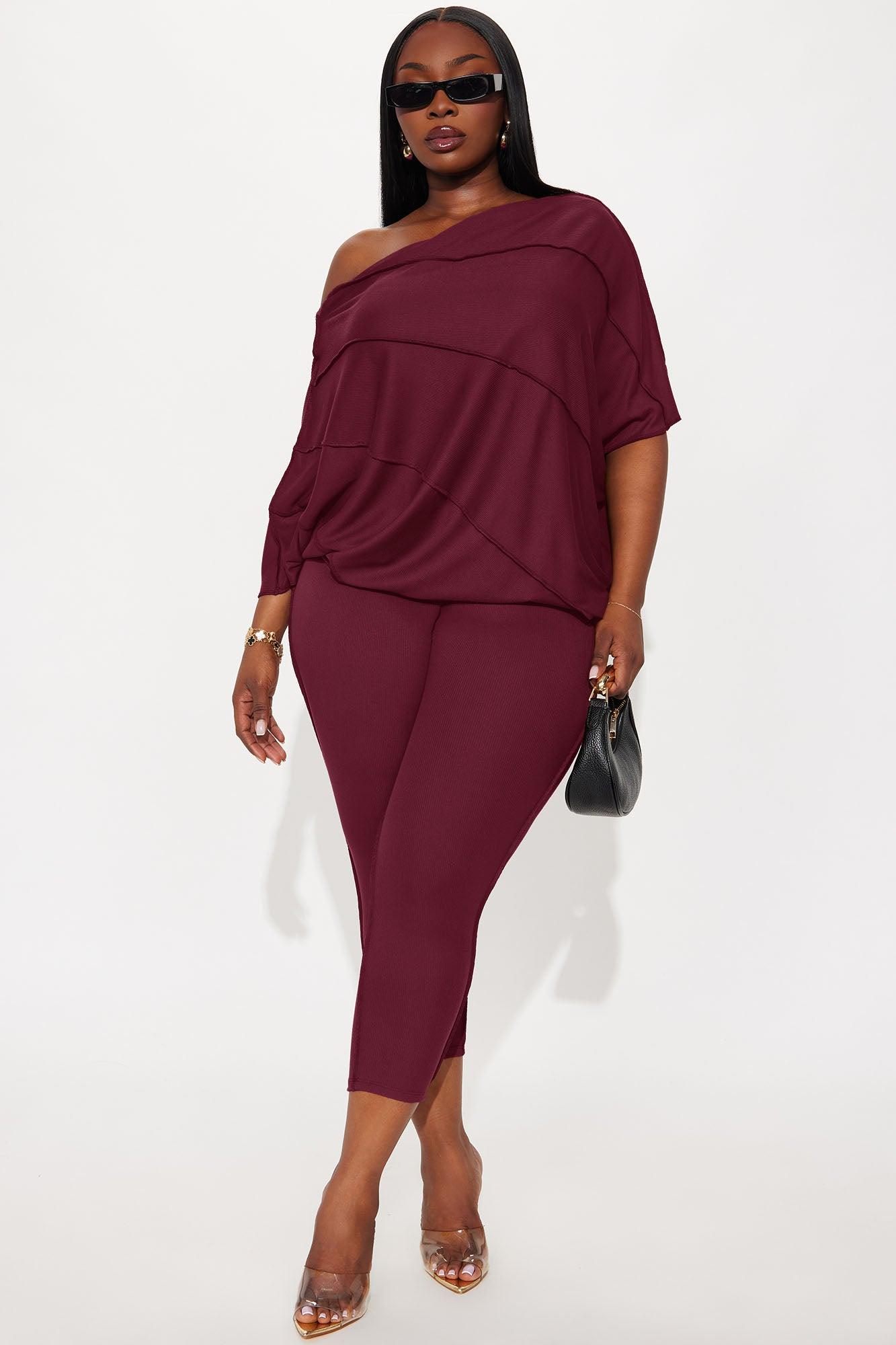 Becca Off Shoulder Ribbed Pant Set - Burgundy Female Product Image