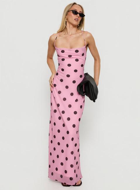 Celena Maxi Dress Pink / Brown Polka Dot Product Image
