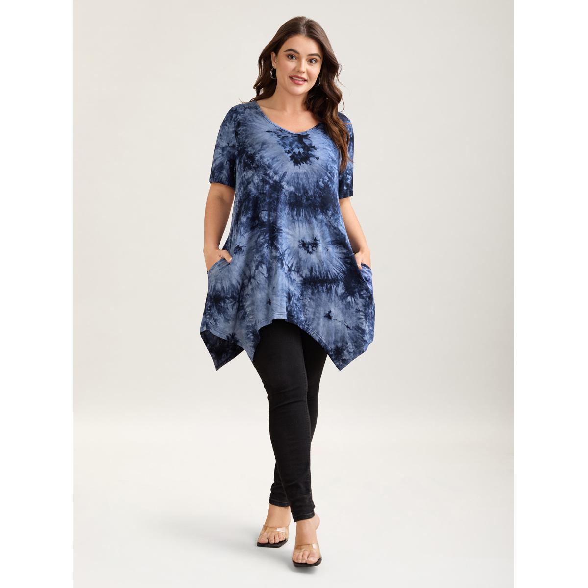 Plus Size Tie-Dye Stretchy Asymmetrical Hem T-Shirt Indigo Women Casual Asymmetrical V-neck Loose Everyday T-shirts BloomChic 10/M Product Image