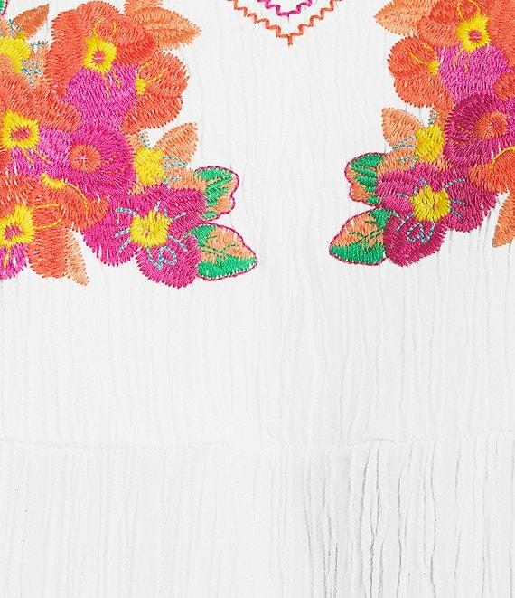 Calessa Split V-Neck Short Sleeve Embroidered Crinkle Top Product Image