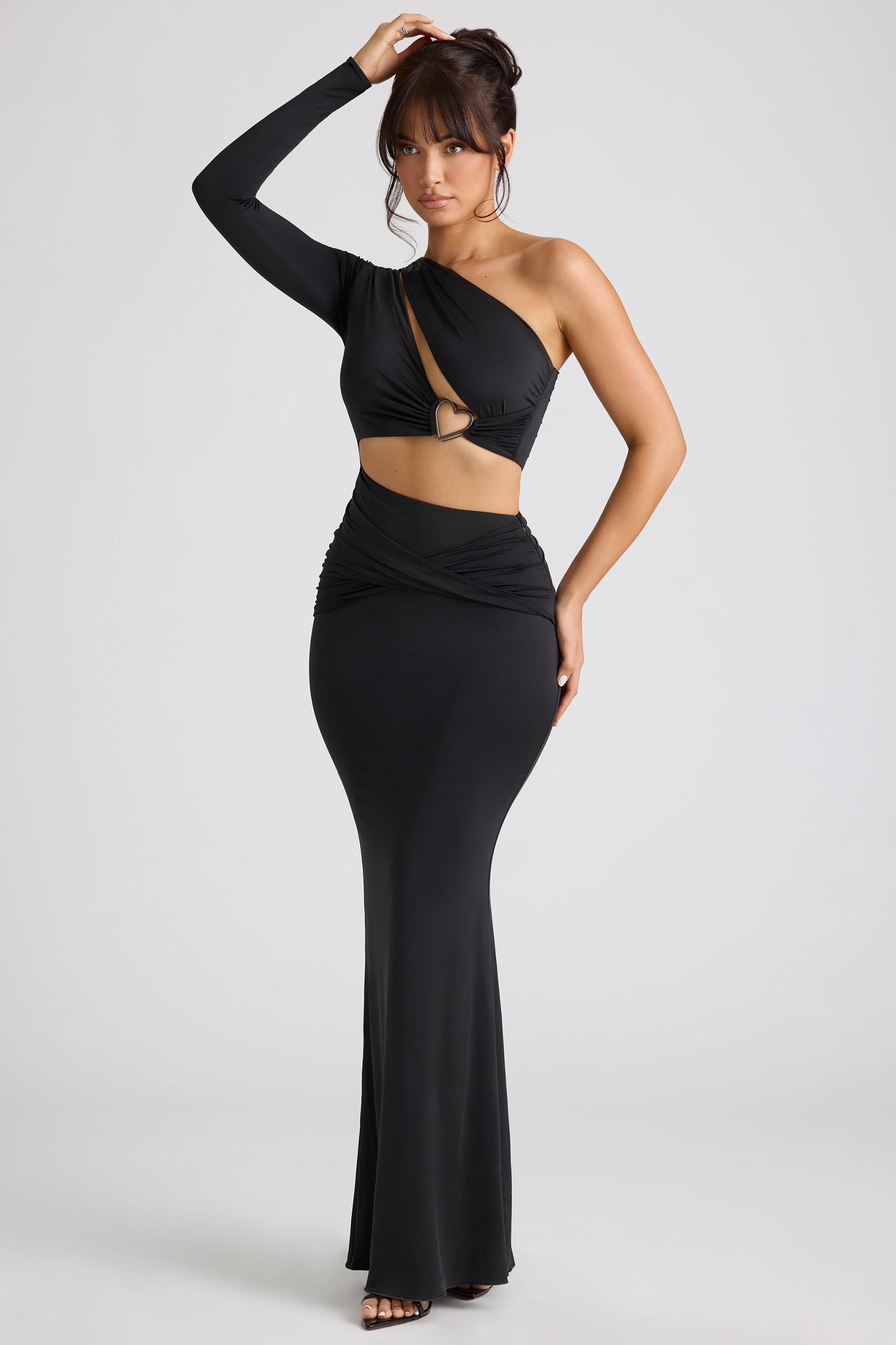 Single Sleeve Cut Out Evening Gown in Black Product Image