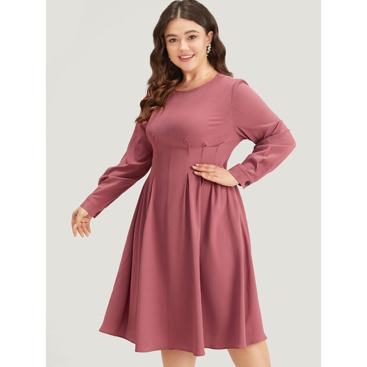 Plus Size Crew Neck Plicated Detail Ruffle Hem Dress DustyPink Women Office Plain Round Neck Long Sleeve Curvy Midi Dress BloomChic 30/6X Product Image