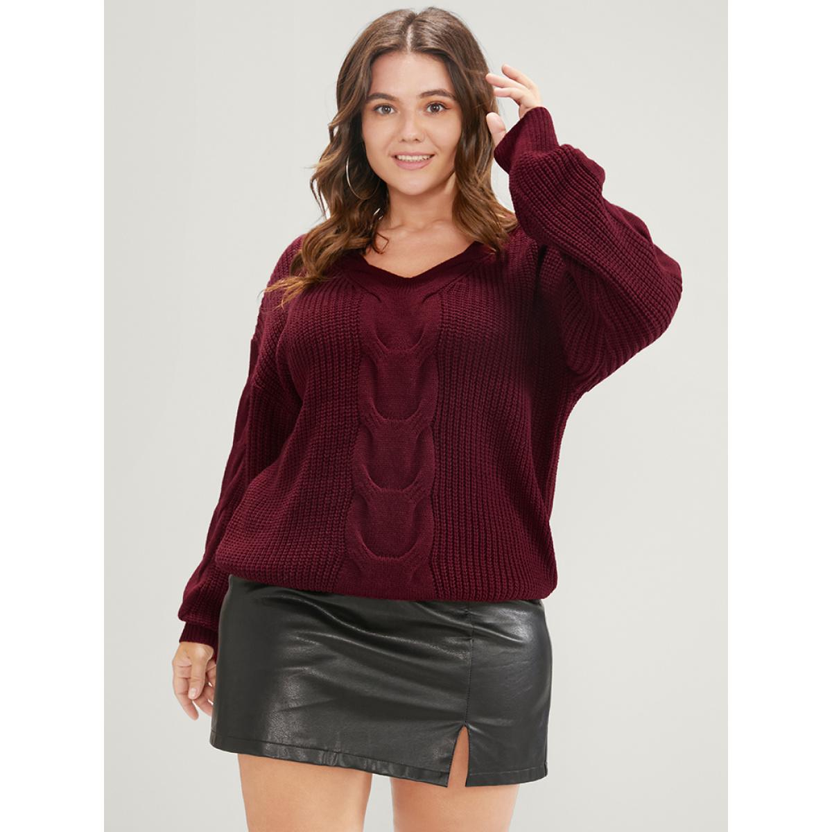 Plus Size Solid Pointelle Knit V Neck Cable Knit Top Scarlet Women Elegant Loose Long Sleeve V-neck Dailywear Pullovers BloomChic 26/4X Product Image
