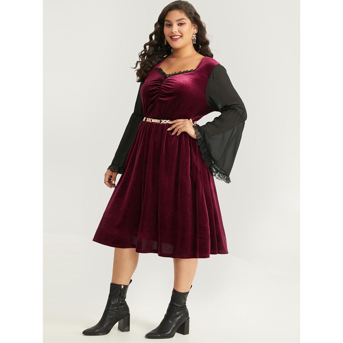 Plus Size Halloween Two Tone Velvet Ruched Lace Panel Bell Sleeve Dress Burgundy Women Elegant Gathered Square Neck Long Sleeve Curvy Midi Dress BloomChic 12/L Product Image