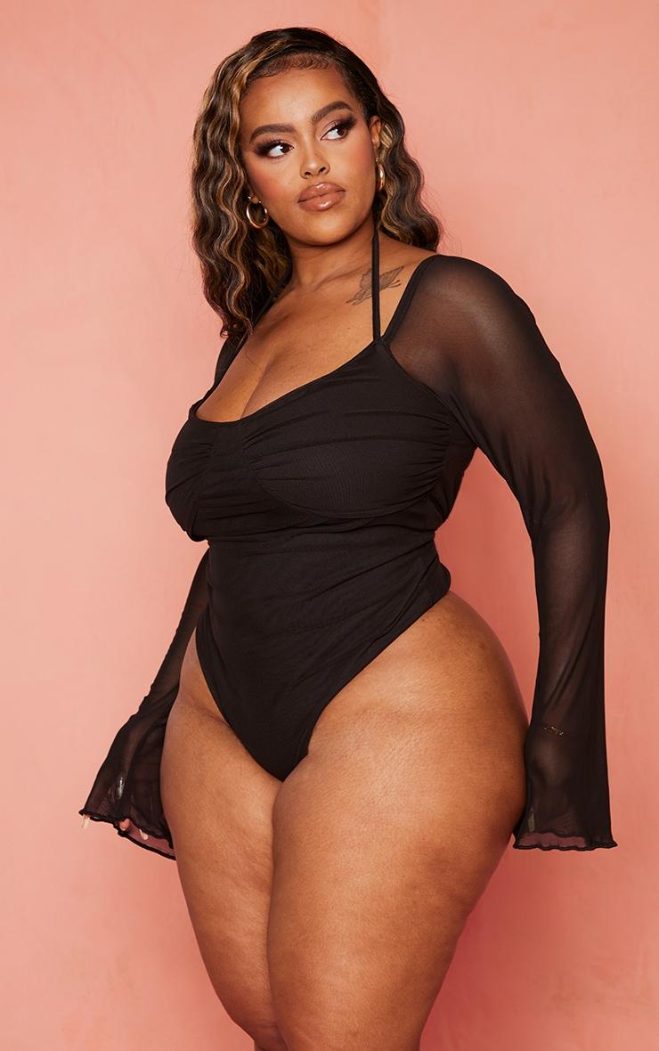 Plus Black Mesh Sleeve Halter Neck Bodysuit Product Image
