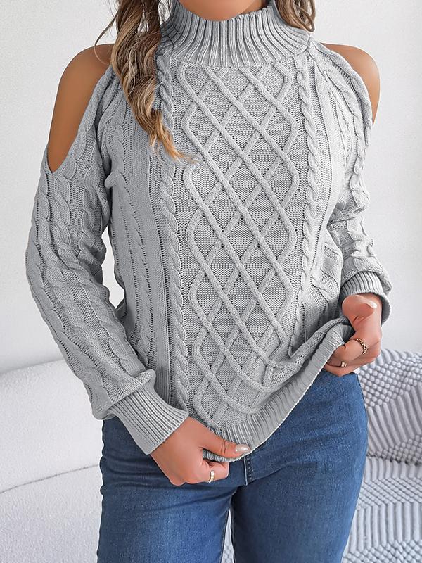 Long Sleeves Loose Hollow Solid Color Cold Shoulder Pullovers Sweater Tops Product Image