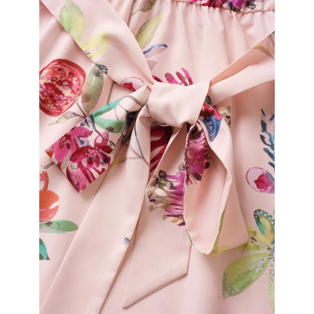 Plus Size Citrus Fruit Print Halter Belted Gathered Dress MistyRose Women Elegant Non Halter neck Sleeveless Curvy Midi Dress BloomChic 10/M Product Image