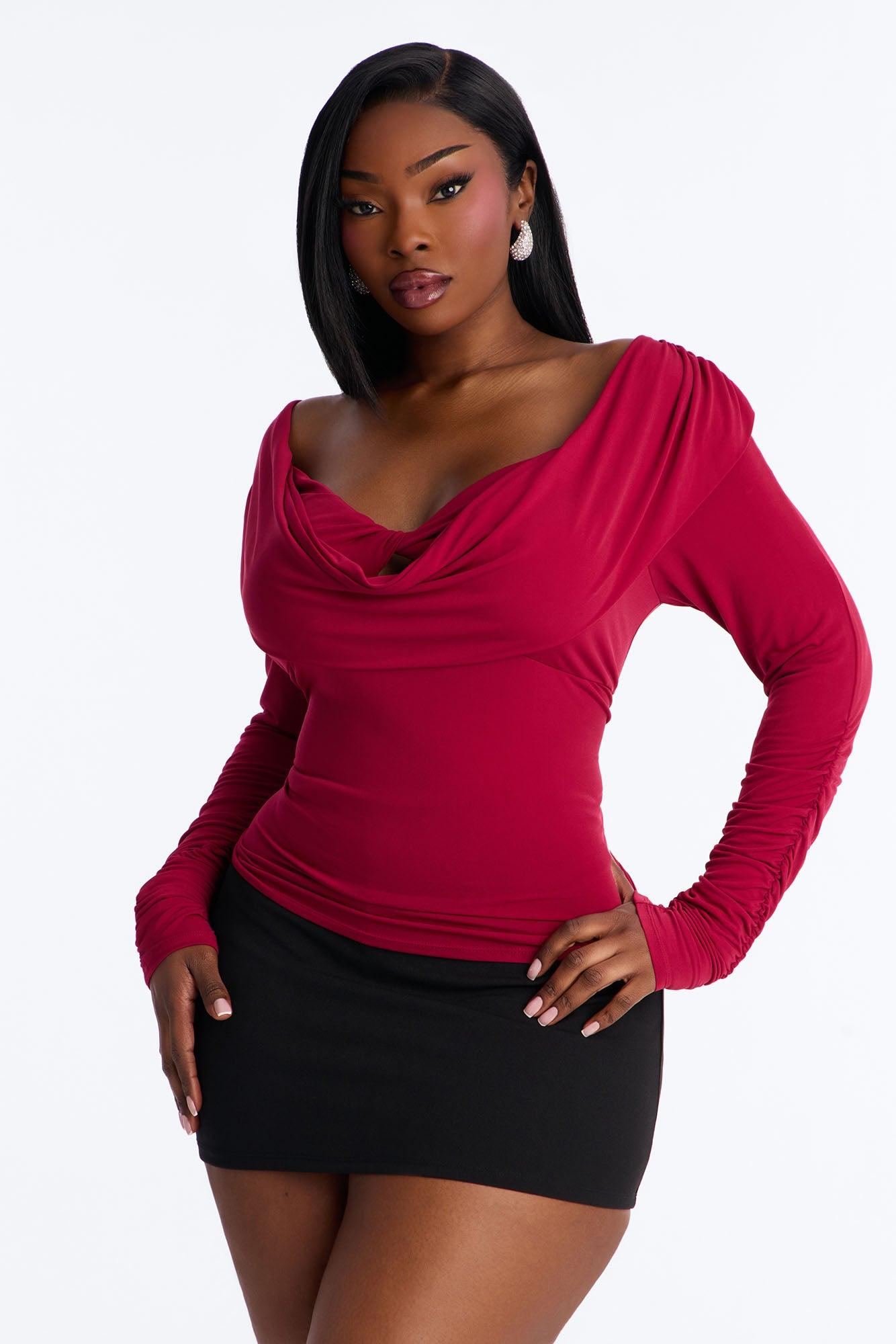 Flirt Mode Long Sleeve Jersey Cowl Top - Wine Female Product Image