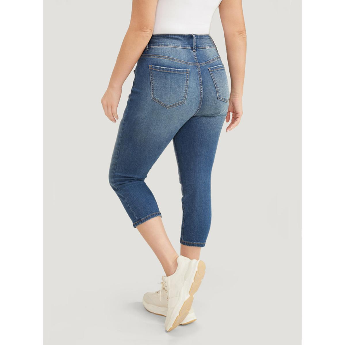 Plus Size Very Stretchy High Rise Medium Wash Cropped Jeans Women Blue Casual Plain High stretch Jeans BloomChic 22/3X Product Image