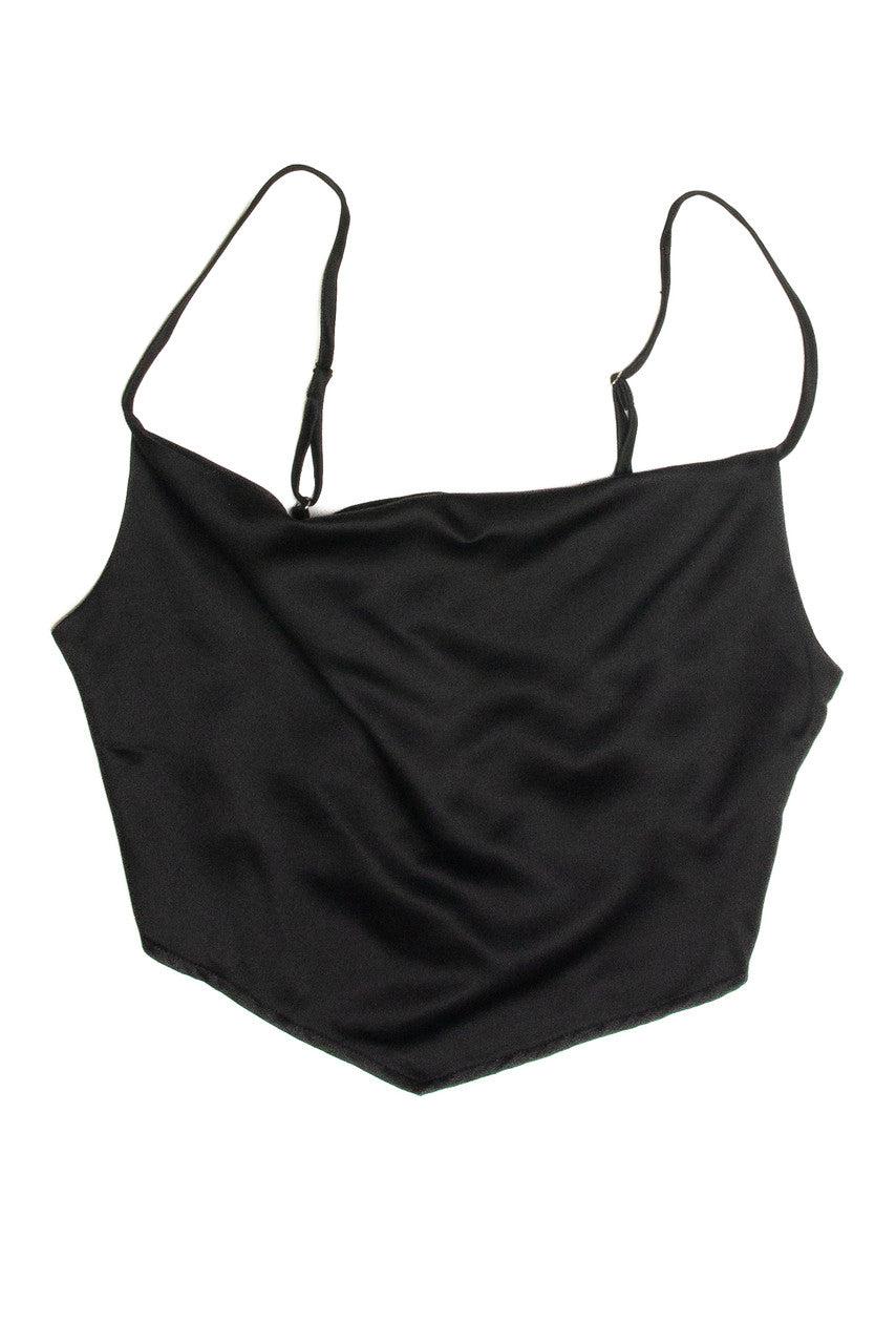 Black Lace Up Back Satin Crop Top Product Image