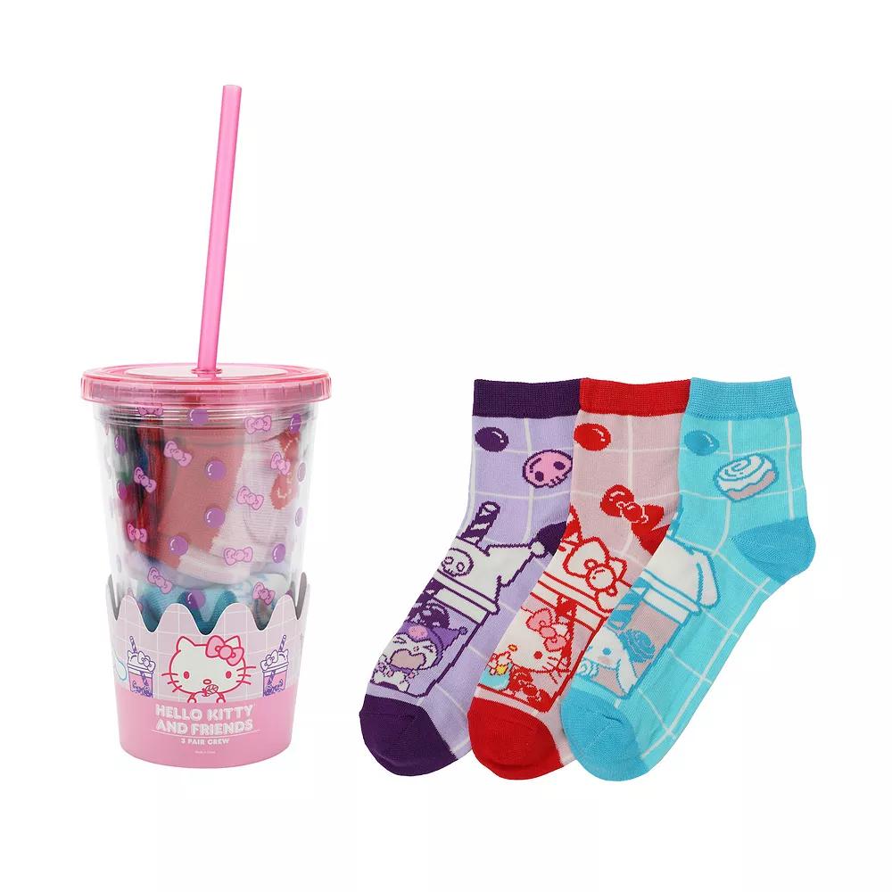 Women's 3-Pack Hello Kitty & Friends Quarter Crew & Resuseable Cup Set, Size: 5-10, Hello Kitty Friends Product Image