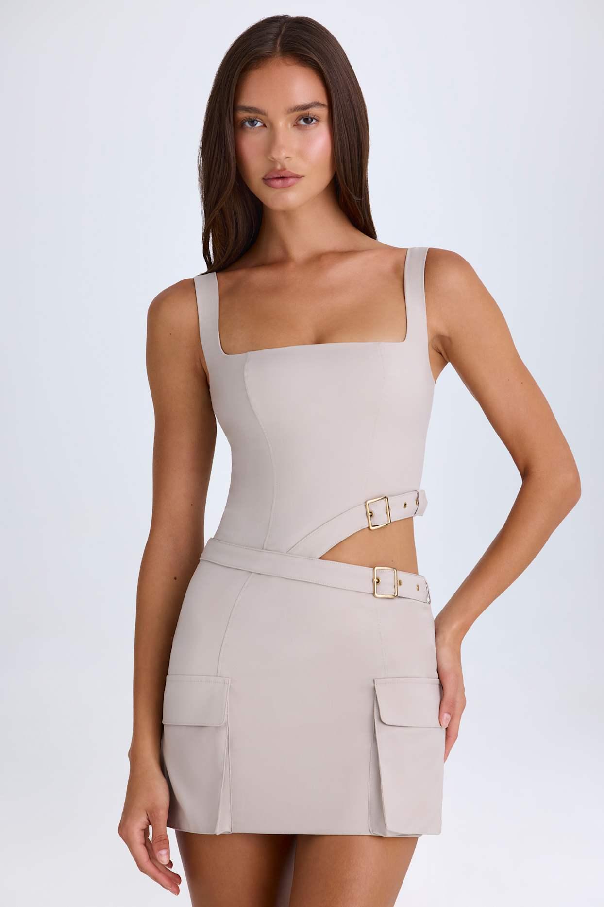 Belted Cut-Out Mini Dress in Taupe Product Image