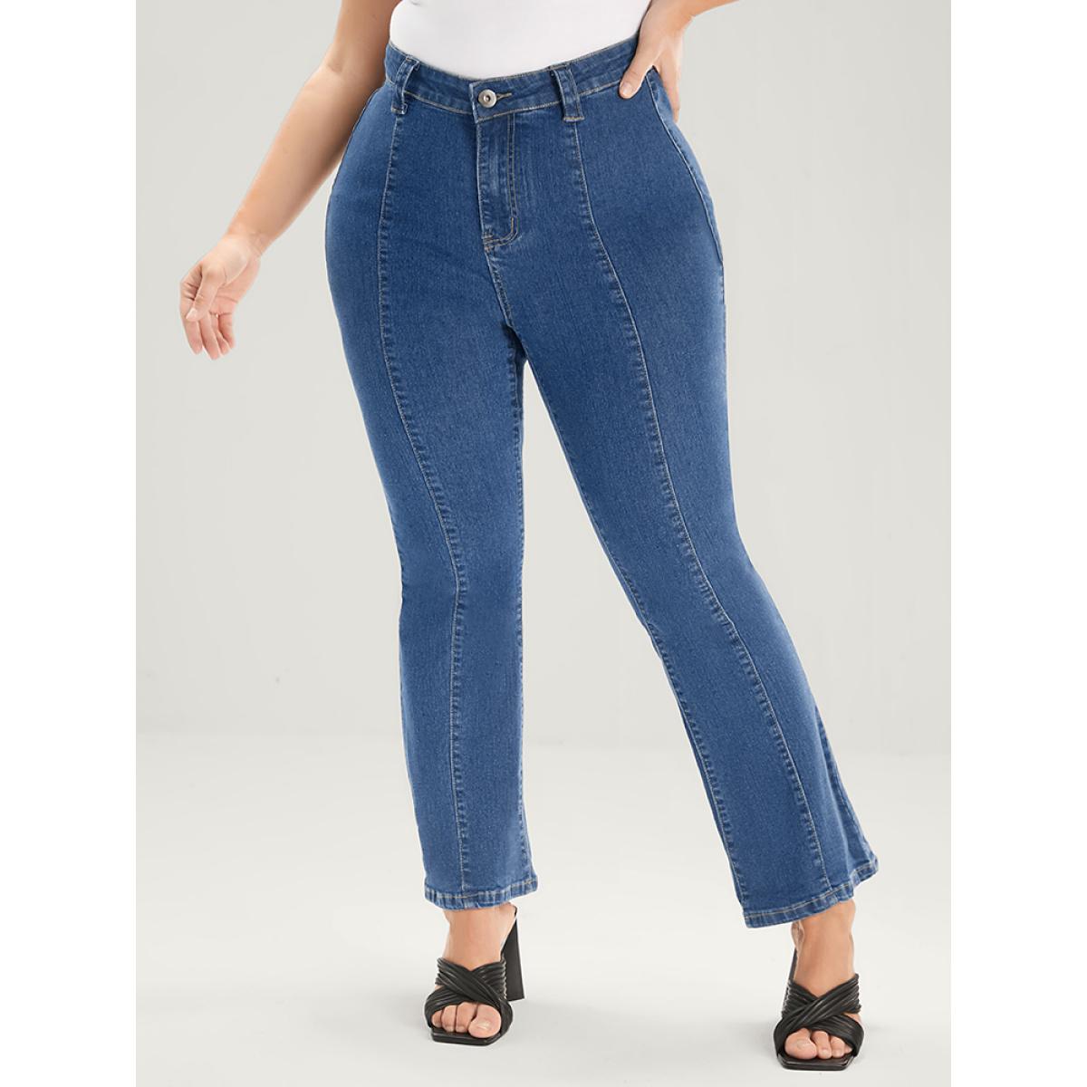 Plus Size Flare Leg Very Stretchy Mid Rise Medium Wash Jeans Women Blue Elegant Plain Patchwork High stretch Pocket Jeans BloomChic 28/5X Product Image
