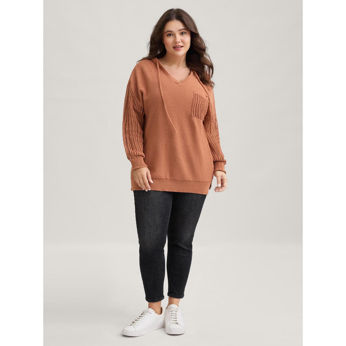 Plus Size Hooded Drawstring Cut Out Pocket Pullover Yellowishbrown Women Leisure Three Quarter Length Sleeve V-neck Casual Pullovers BloomChic 26/4X Product Image