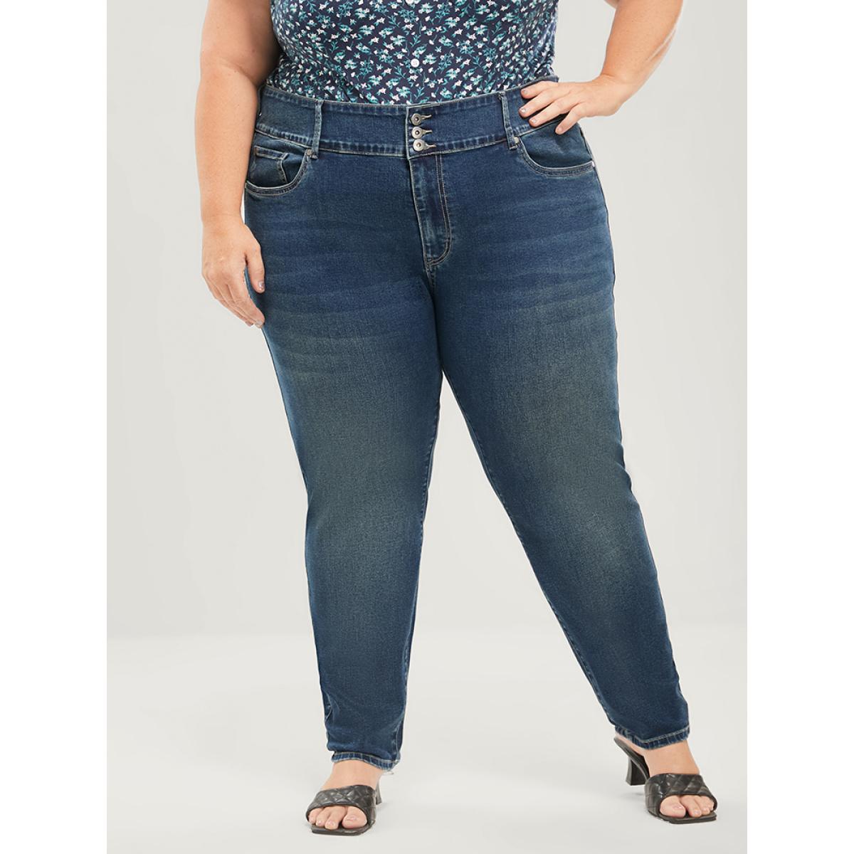 Plus Size Skinny Very Stretchy Mid Rise Dark Wash Sculpt Waist Jeans Women DarkBlue Casual Plain Tummy control High stretch Pocket Jeans BloomChic 24/3X Product Image
