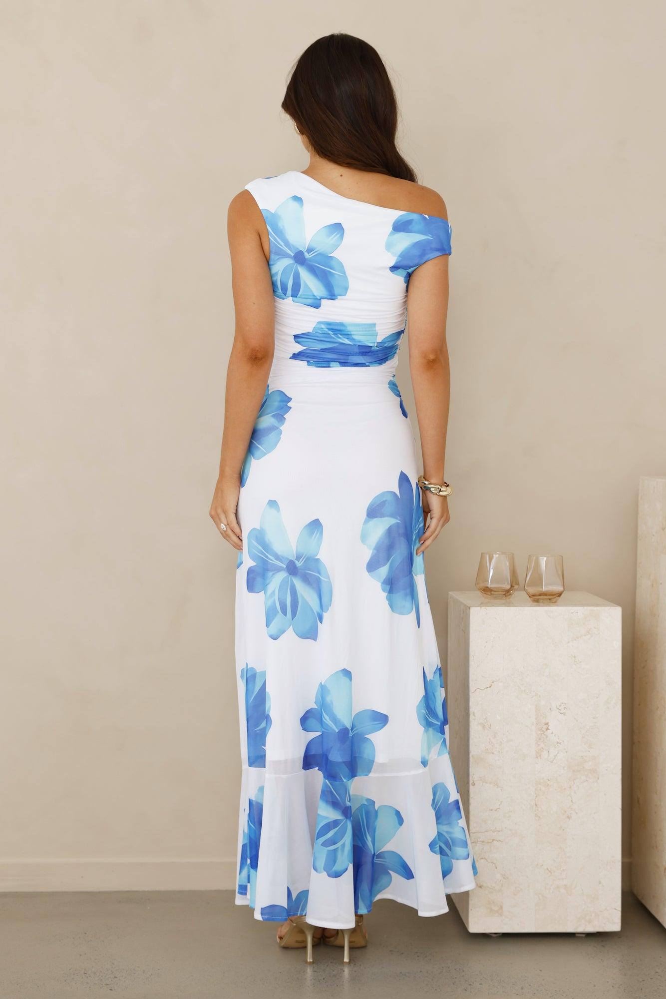 Masquerade Muse One Shoulder Mesh Maxi Dress Blue Product Image