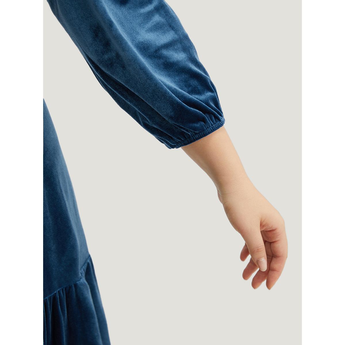 Plus Size Velvet Solid Notched Shirred Tiered Hem Dress Cerulean Women Vacation Elastic cuffs Notched collar Elbow-length sleeve Curvy Midi Dress BloomChic 14-16/1X Product Image