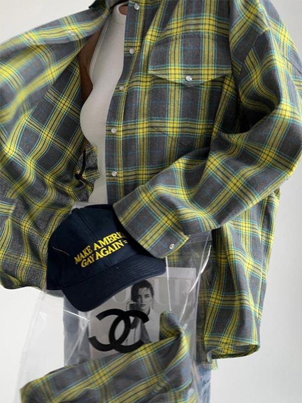 Vintage Plaid Print Long Sleeve Blouse Product Image