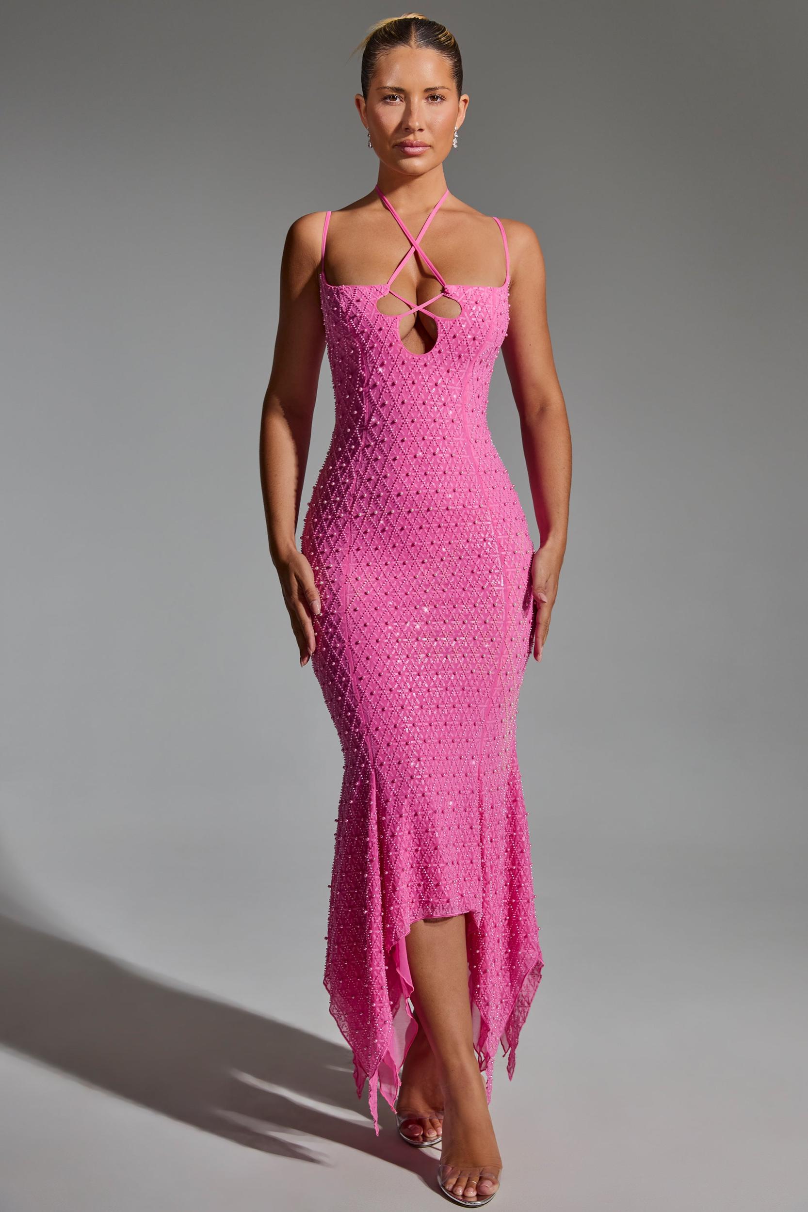 Embellished Cut-Out Asymmetric Midaxi Dress in Hot Pink Product Image