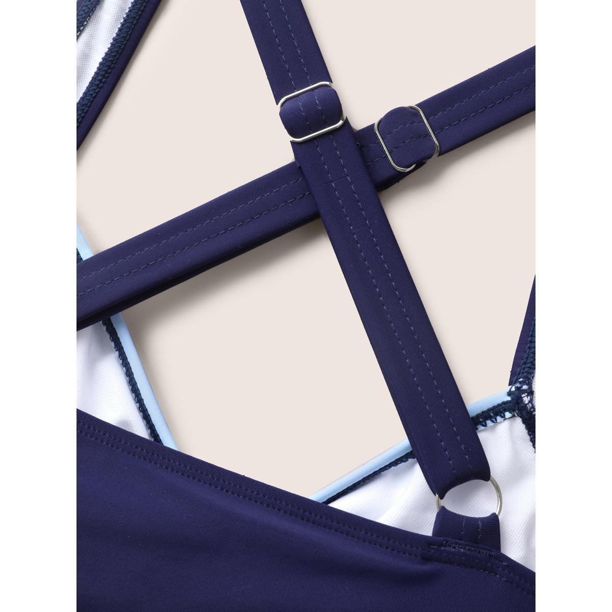 Plus Size Contrast Heart Neckline Patchwork Tie Knot Swim Dress Women's Swimwear Indigo Beach Bodycon Heart neckline High stretch Curve Swim Dresses BloomChic 18-20/2X Product Image