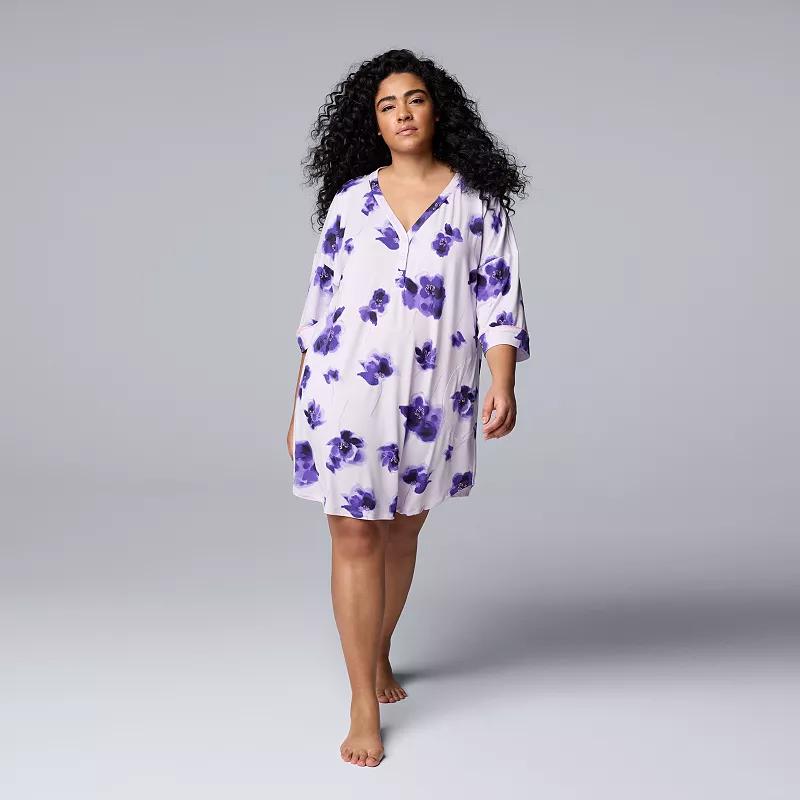 Plus Size Simply Vera Vera Wang Cozy Elbow Sleeve Henley Sleepshirt, Womens Purple Floral Product Image