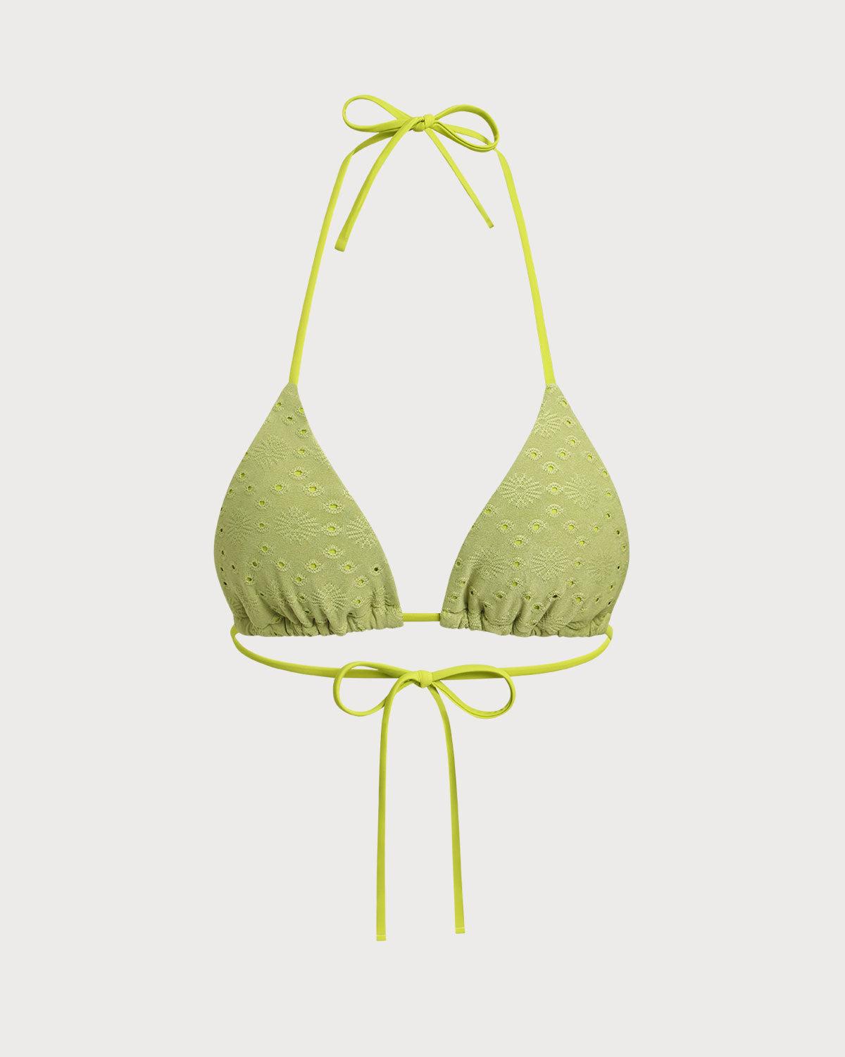 Green Jacquard Drawstring Bikini Top Product Image