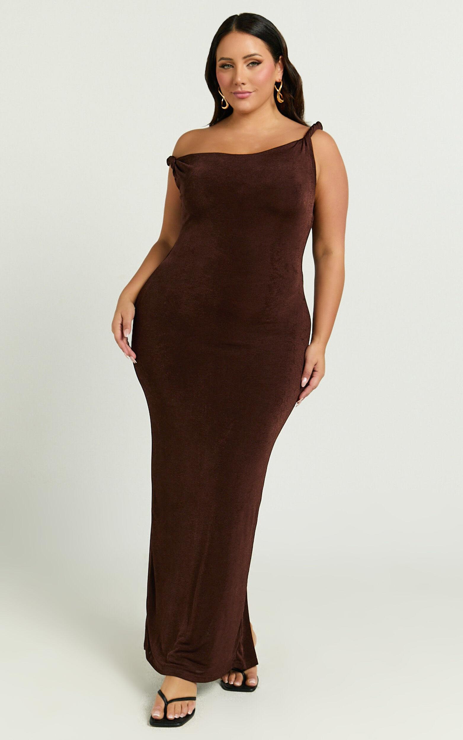 Isabel Midi Dress - Twist Off Shoulder Bodycon Dress in Chocolate Product Image