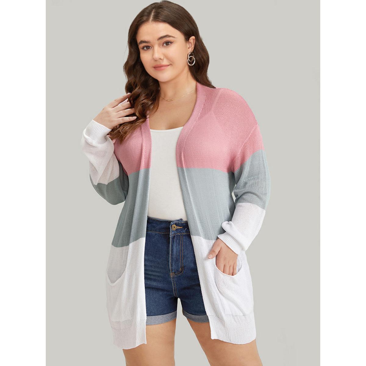 Plus Size Colorblock Pocket Drop Shoulder Elastic Cuffs Contrast Cardigan Pink Women Casual Loose Long Sleeve Dailywear Cardigans BloomChic 30/6X Product Image