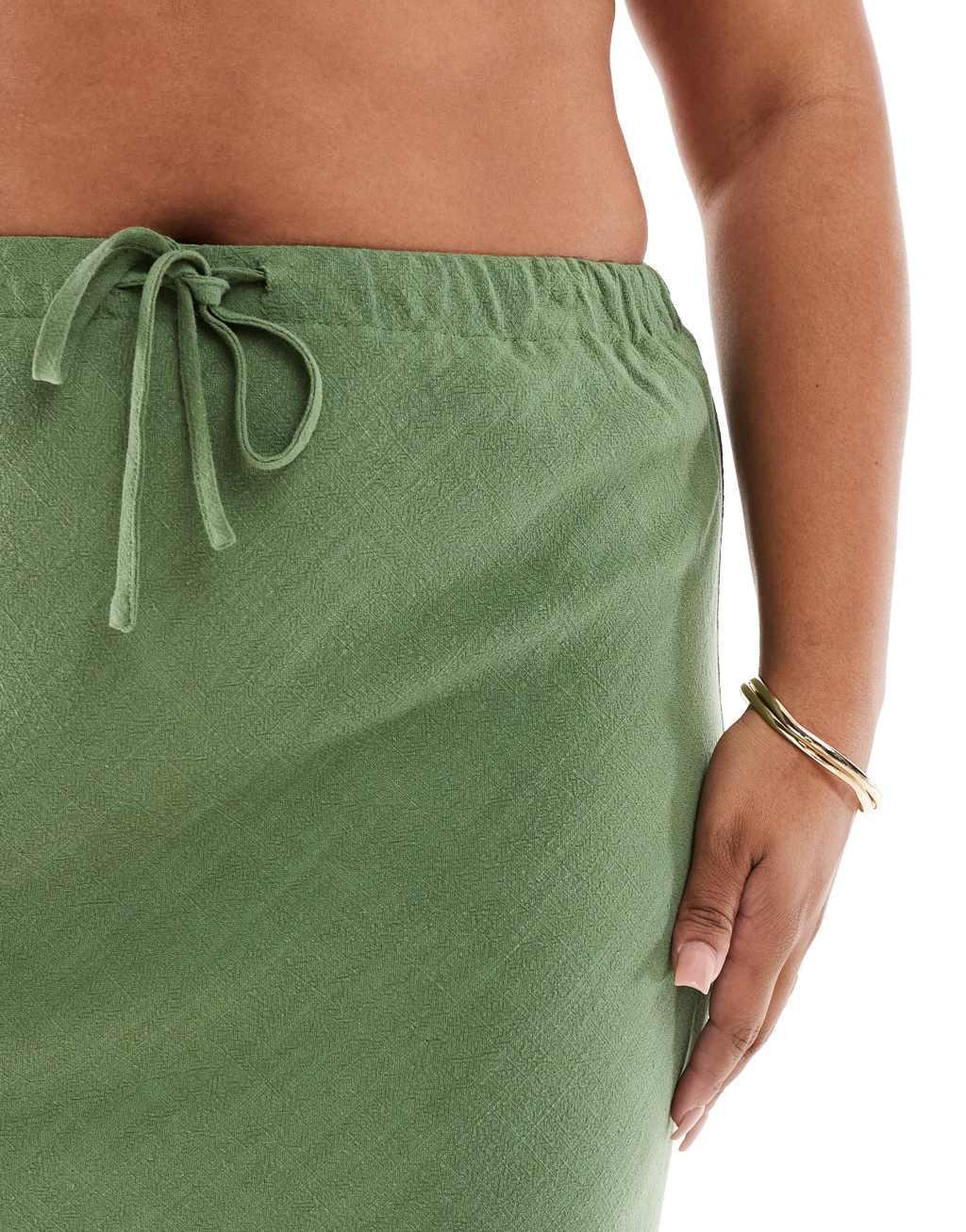 ASOS DESIGN Curve linen look tie waist bias maxi skirt in khaki Product Image
