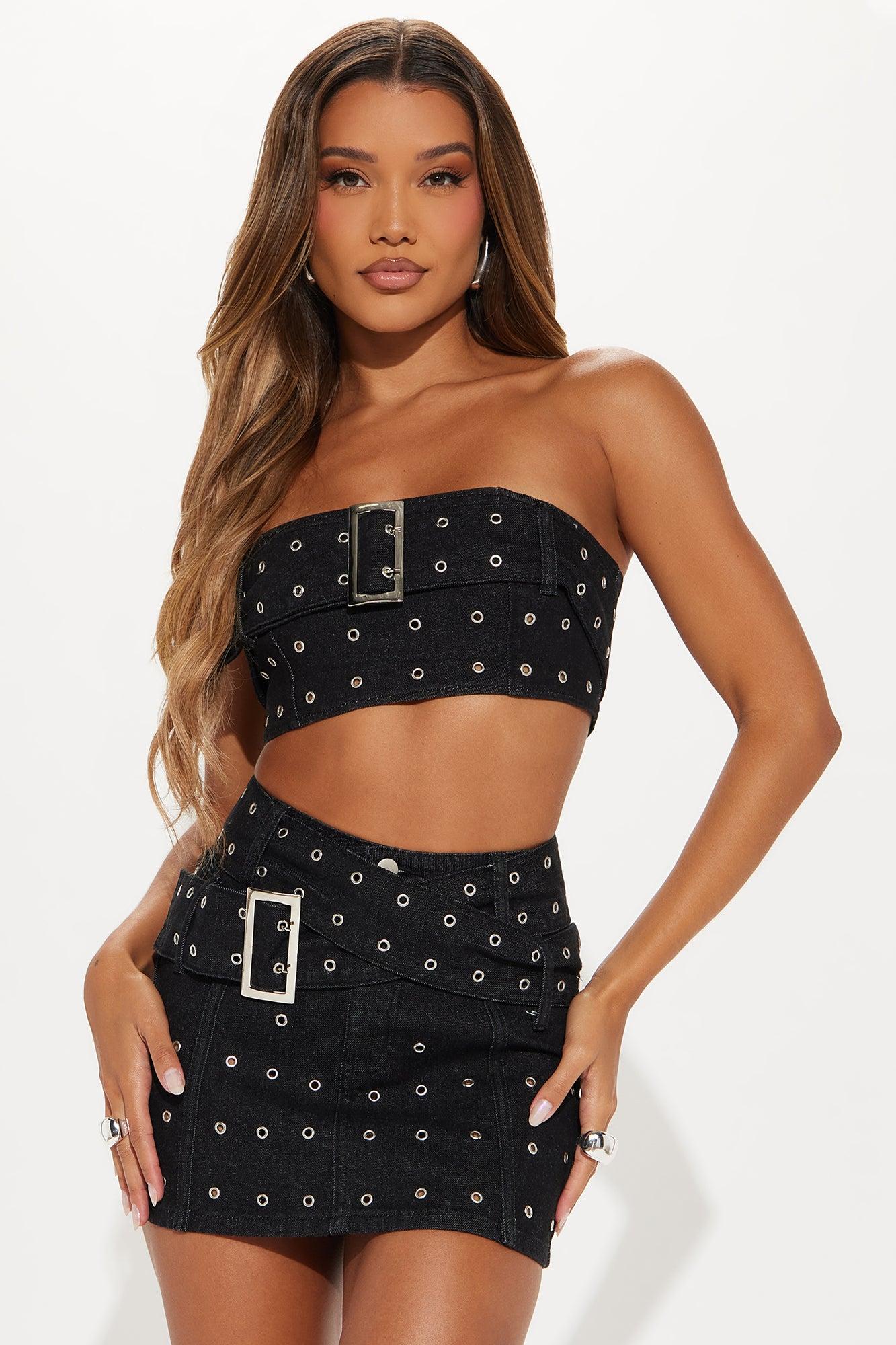 Buckle Up Denim Skirt Set - Black Product Image